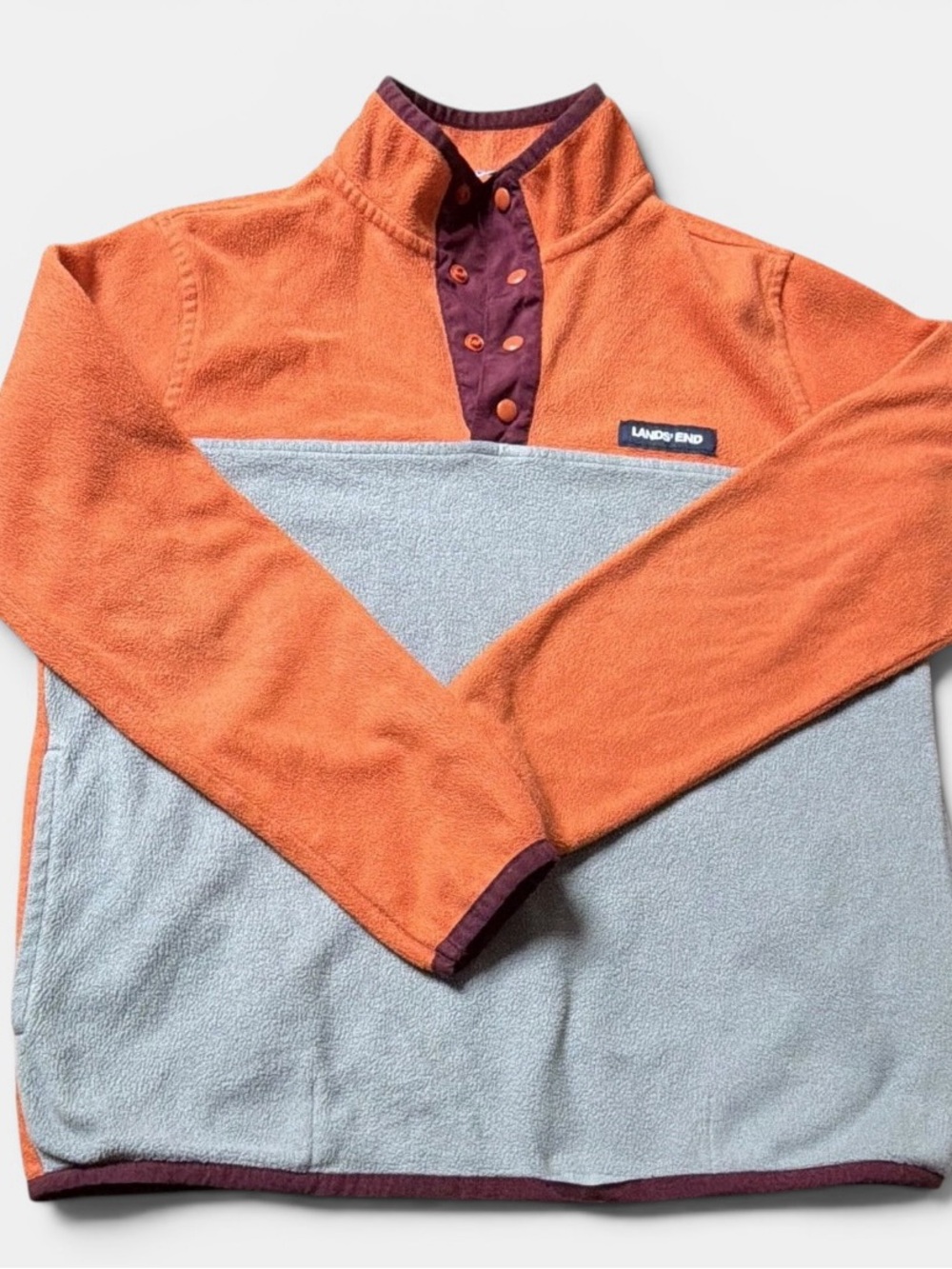 Lands’ End Kids Fleece Pullover Large 10-12 Orange/Grey Snap Mock Neck